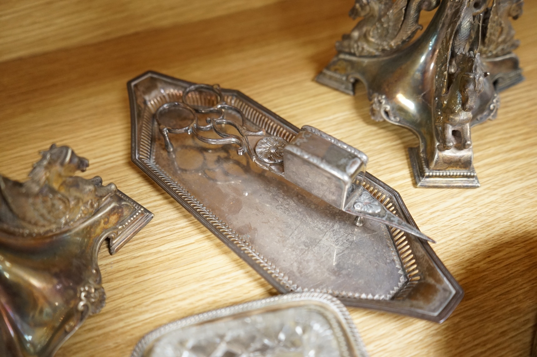 Pair of Victorian plated centerpieces and a small collection of other plated wares to include wine coasters, largest 18cm high